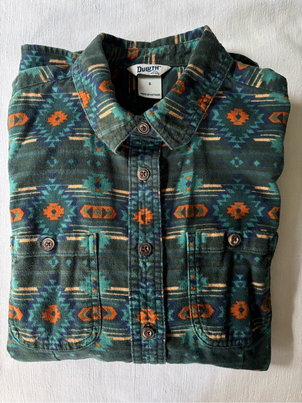 Women’s S Duluth Flannel Green Aztec-Print Button-Down Shirt with Orange accents